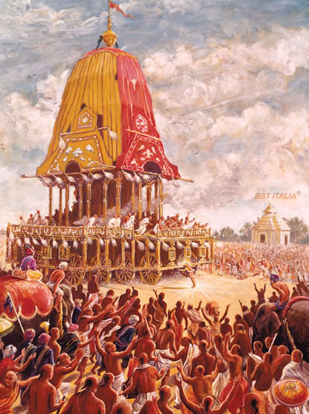 Nonostante gli sforzi dei cavalli, degli elefanti, di forti lottatori e di migliaia di persone, il carro di Sri Jagannatha non si spostò fino a quando Sri Caitanya Mahaprabhu non lo fece muovere, semplicemente spingendolo con la testa.