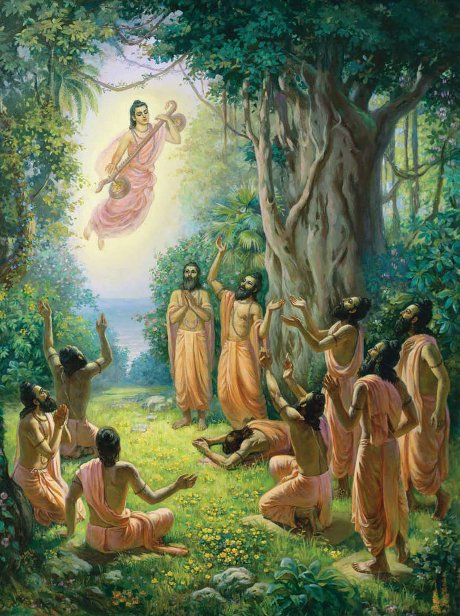 Il grande saggio Narada, un puro devoto del Signore che viaggia in tutto l’universo, viene per istruire i Praceta sul servizio devozionale. [Dipinto di Sundarangi Devi Dasi e Vajrakhya Devi Dasi]