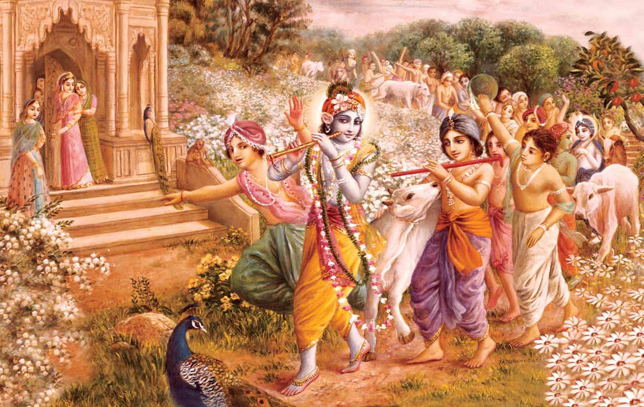 A  differenza del mondo materiale, quello spirituale è composto  esclusivamente da energia spirituale. Qui, i residenti di Vrindavana  salutano Krishna e Balarama che la sera tornano a casa. [Dipinto di  Yadurani Devi Dasi]