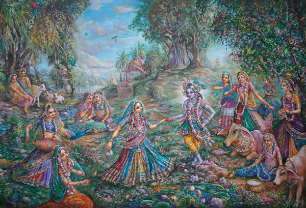 Sri Krishna, il Signore Supremo con le Sue amiche le gopi.