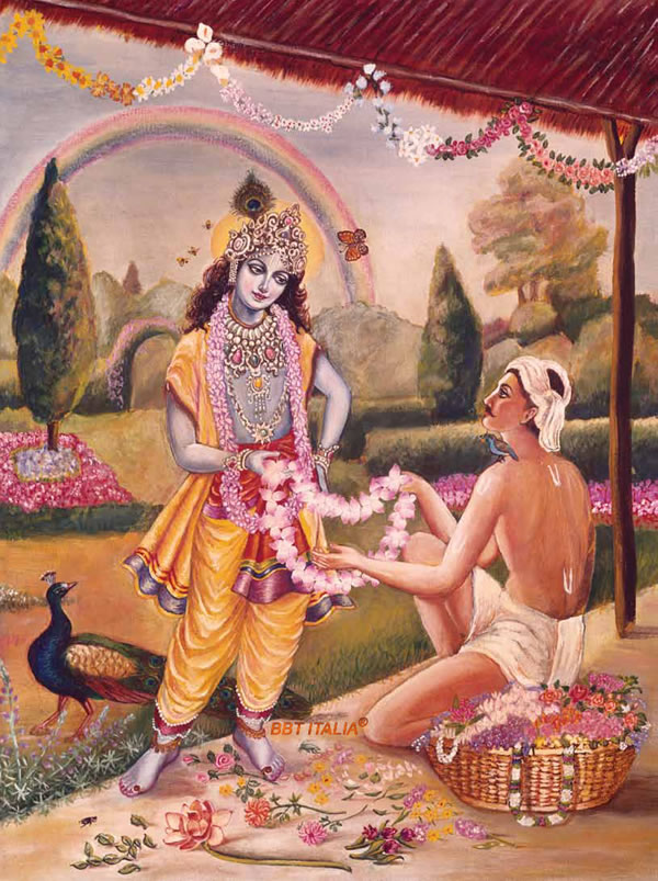 Quando  Sri Krishna entra in Mathura, un venditore Lo serve spontaneamente  offrendoGli una ghirlanda di fiori freschi. [Dipinto di Devahuti Devi  Dasi]