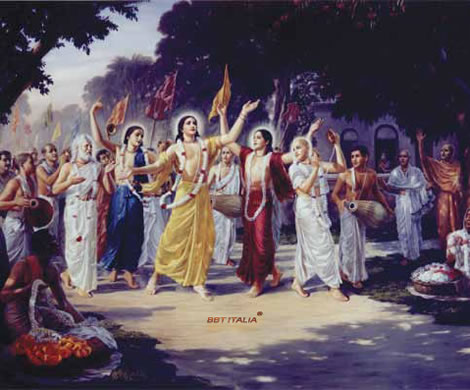 Sri Caitanya Mahaprabhu compie il sankirtana, il canto congregazionale dei santi nomi di Krishna.