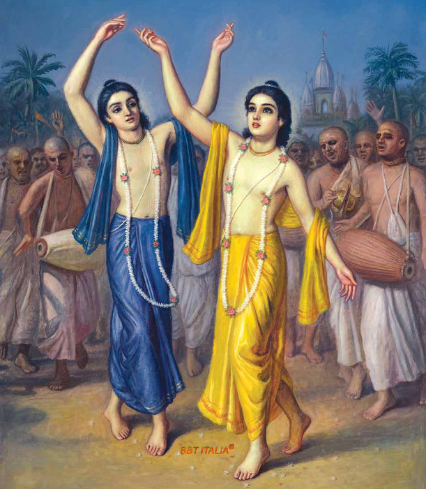 Circa cinquecento anni fa, nel Bengala occidentale, Sri Caitanya Mahaprabhu (vestito di giallo), Nityananda Prabhu e i Loro compagni eseguivano il sankirtana, il canto collettivo dei santi nomi di Krishna. [Dipinto di Sacidanandana dasa]