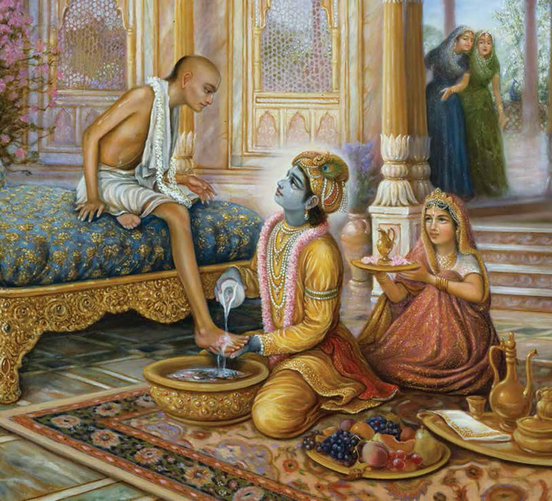 Siamo davvero speciali nella nostra relazione eterna con Krishna, che nell’immagine rende onore al brahmana Sudama, il Suo amato compagno di classe nella scuola del loro guru. [Dipinto di Dhruva Maharaja Dasa].